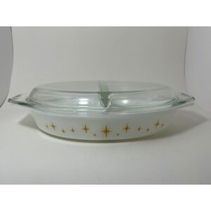Vintage Pyrex Starburst Gold Constellation Divided Casserole Dish with Lid MCM
